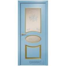 Межкомнатная дверь Оникс Эллипс Голубая эмаль по МДФ патина золото контурный витраж со стеклом