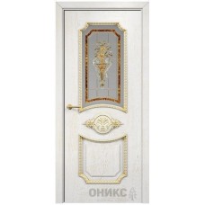 Межкомнатная дверь Оникс Империя Белая эмаль патина золото заливной витраж со стеклом