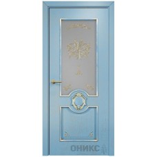 Межкомнатная дверь Оникс Рада Голубая эмаль патина золото контурный витраж со стеклом