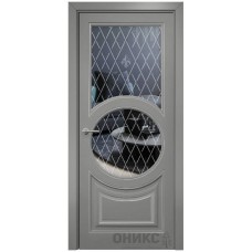 Межкомнатная дверь Оникс Софья Эмаль RAL 7036 по МДФ патина серебро гравировка со стеклом