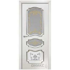 Межкомнатная дверь Оникс Барселона Эмаль белая МДФ патина серебро контурный витраж со стеклом