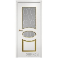 Межкомнатная дверь Оникс Эллипс Эмаль белая МДФ патина золото стекло с гравировкой