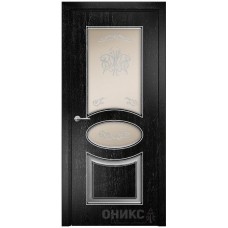 Межкомнатная дверь Оникс Эллипс Эмаль черная патина серебро по фрезе контурный витраж со стеклом