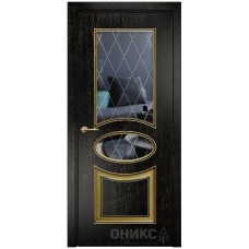 Межкомнатная дверь Оникс Эллипс Эмаль черная патина золото по фрезе стекло с гравировкой