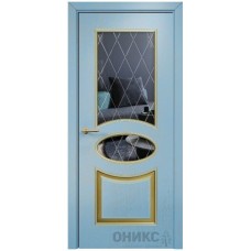 Межкомнатная дверь Оникс Эллипс Эмаль голубая патина золото по фрезе стекло с гравировкой
