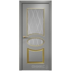 Межкомнатная дверь Оникс Эллипс Эмаль RAL 7036 по МДФ патина золото стекло с гравировкой
