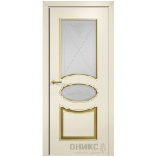 Межкомнатная дверь Оникс Эллипс Эмаль слоновая кость МДФ патина золото контурный витраж со стеклом