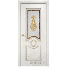 Межкомнатная дверь Оникс Рада Белая эмаль патина золото заливной витраж со стеклом
