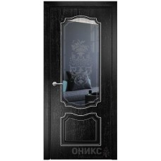 Межкомнатная дверь Оникс Венеция Черная эмаль патина серебро пескоструй со стеклом