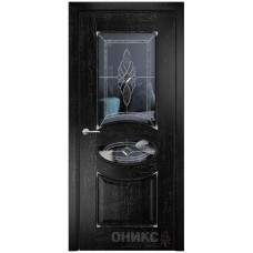 Межкомнатная дверь Оникс Эллипс Черная эмаль патина серебро со стеклом бевелс