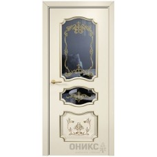 Межкомнатная дверь Оникс Барселона Эмаль слоновая кость МДФ патина золото контурный витраж со стеклом
