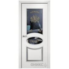 Межкомнатная дверь Оникс Эллипс Эмаль белая МДФ патина серебро контурный витраж со стеклом