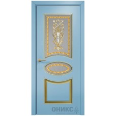 Межкомнатная дверь Оникс Эллипс Голубая эмаль по МДФ патина золото заливной витраж со стеклом