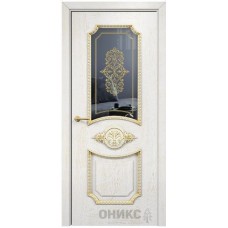Межкомнатная дверь Оникс Империя Белая эмаль патина золото контурный витраж со стеклом