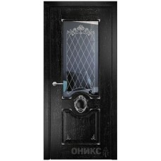 Межкомнатная дверь Оникс Рада Черная эмаль патина серебро контурный витраж со стеклом