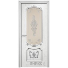Межкомнатная дверь Оникс Венеция Белая эмаль патина серебро контурный витраж со стеклом