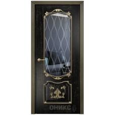 Межкомнатная дверь Оникс Венеция Черная эмаль патина золото гравировка со стеклом