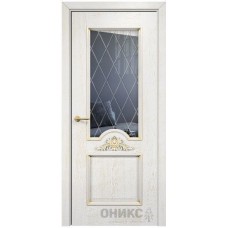 Межкомнатная дверь Оникс Византия Белая эмаль патина золото гравировка со стеклом