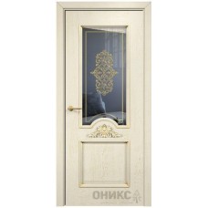 Межкомнатная дверь Оникс Византия Слоновая кость эмаль патина золото контурный витраж со стеклом