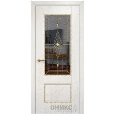 Межкомнатная дверь Оникс Александрия 2 Белая эмаль патина золото бевелс зеркало
