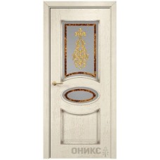 Межкомнатная дверь Оникс Эллипс Слоновая кость патина коричневая заливной витраж со стеклом
