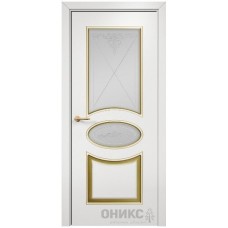 Межкомнатная дверь Оникс Эллипс Эмаль белая МДФ патина золото контурный витраж со стеклом