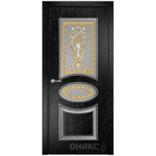 Межкомнатная дверь Оникс Эллипс Эмаль черная патина серебро по фрезе заливной витраж со стеклом