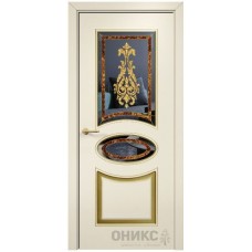 Межкомнатная дверь Оникс Эллипс Эмаль слоновая кость МДФ патина золото заливной витраж со стеклом