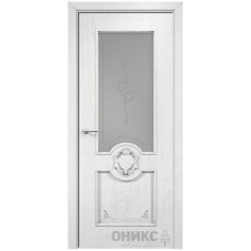 Межкомнатная дверь Оникс Рада Белая эмаль патина серебро пескоструй со стеклом