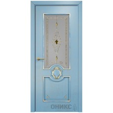 Межкомнатная дверь Оникс Рада Голубая эмаль патина золото бевелс со стеклом