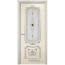 Межкомнатная дверь Оникс Венеция Слоновая кость эмаль патина серебро бевелс со стеклом