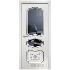 Межкомнатная дверь Оникс Барселона Эмаль белая МДФ патина серебро со стеклом