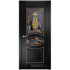 Межкомнатная дверь Оникс Эллипс Черная эмаль патина серебро заливной витраж со стеклом