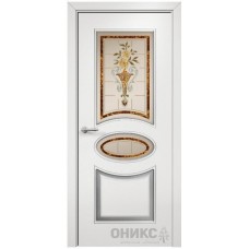 Межкомнатная дверь Оникс Эллипс Эмаль белая МДФ патина серебро заливной витраж со стеклом