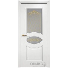 Межкомнатная дверь Оникс Эллипс Эмаль белая по ясеню контурный витраж со стеклом