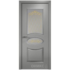 Межкомнатная дверь Оникс Эллипс Эмаль RAL 7036 по МДФ патина серебро контурный витраж со стеклом