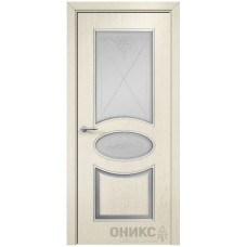 Межкомнатная дверь Оникс Эллипс Эмаль слоновая кость патина серебро по фрезе контурный витраж со стеклом