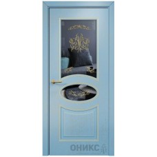 Межкомнатная дверь Оникс Эллипс Голубая эмаль патина золото контурный витраж со стеклом