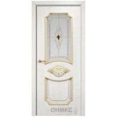 Межкомнатная дверь Оникс Империя Белая эмаль патина золото бевелс со стеклом
