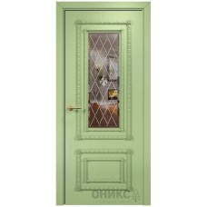 Межкомнатная дверь Оникс Прима Эмаль фисташка по Ясеню гравировка с зеркалом