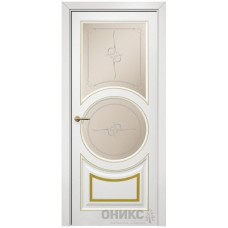 Межкомнатная дверь Оникс Софья Эмаль белая МДФ патина золото пескоструй со стеклом