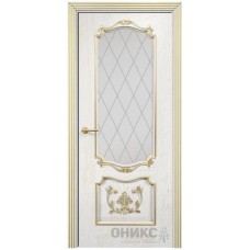 Межкомнатная дверь Оникс Венеция Белая эмаль патина золото пескоструй со стеклом