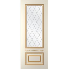 Дверь WanMark Пронто-3 эмаль Ваниль, патина золото, сатинат, гравировка рис. Решетка